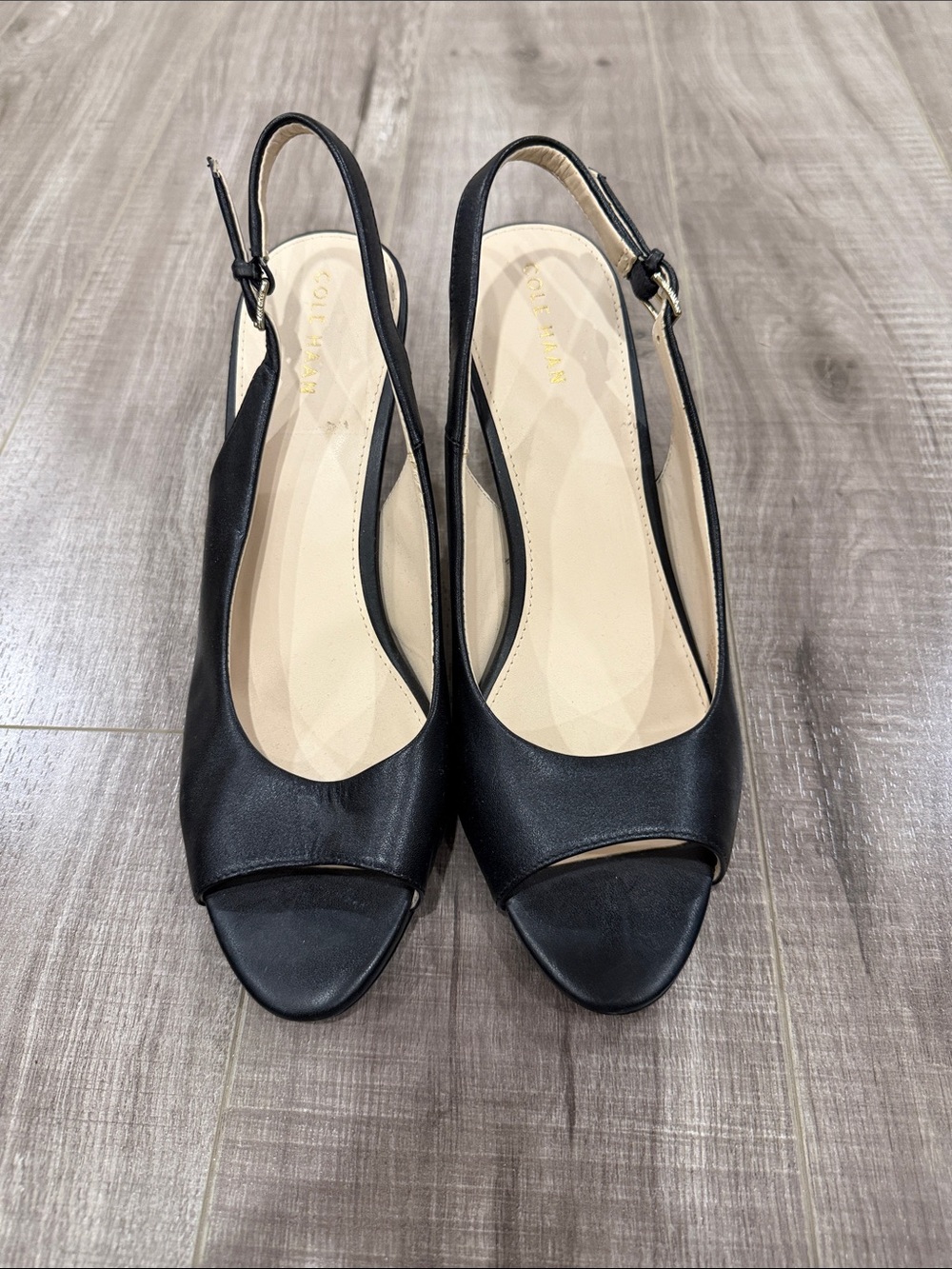 Cole Haan Black Leather Peep-Toe Slingback Heels - Picture 2 of 5